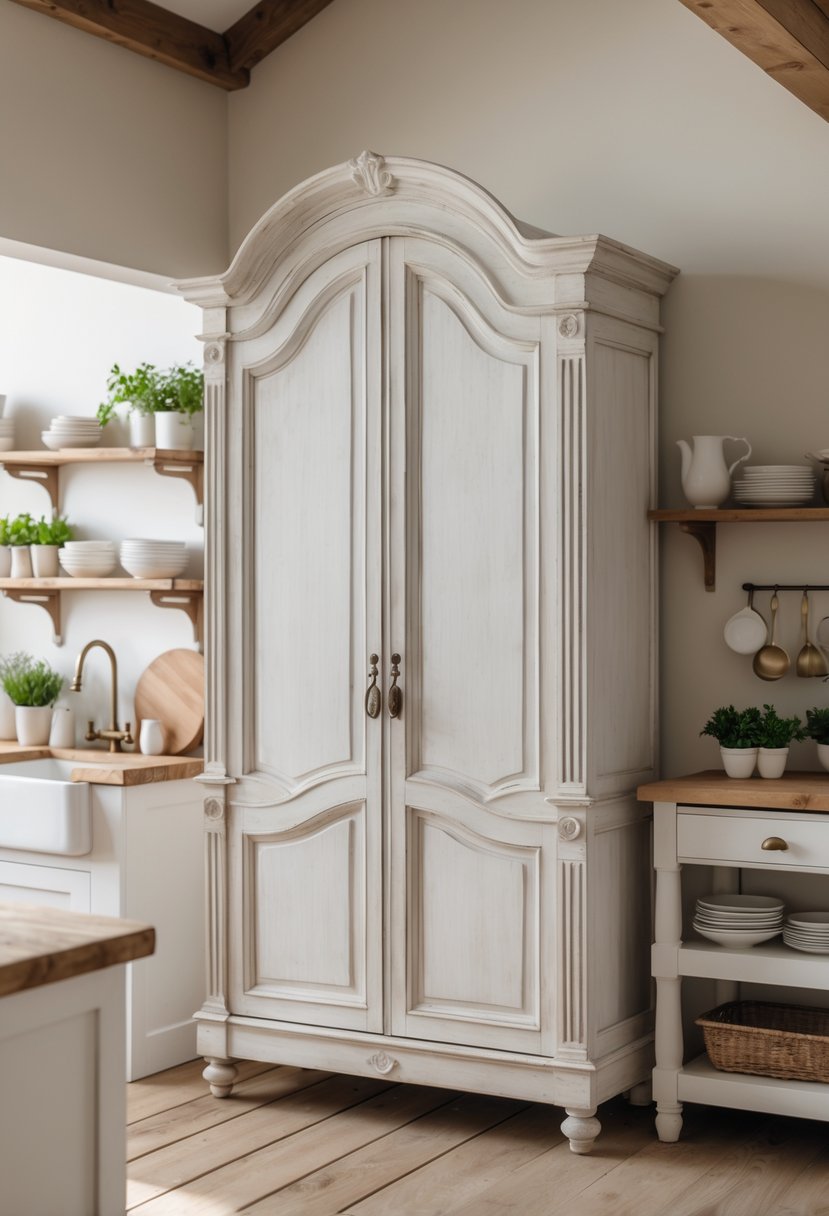 A classic French armoire standing in a farmhouse kitchen with wooden floors, open shelves, and natural light.