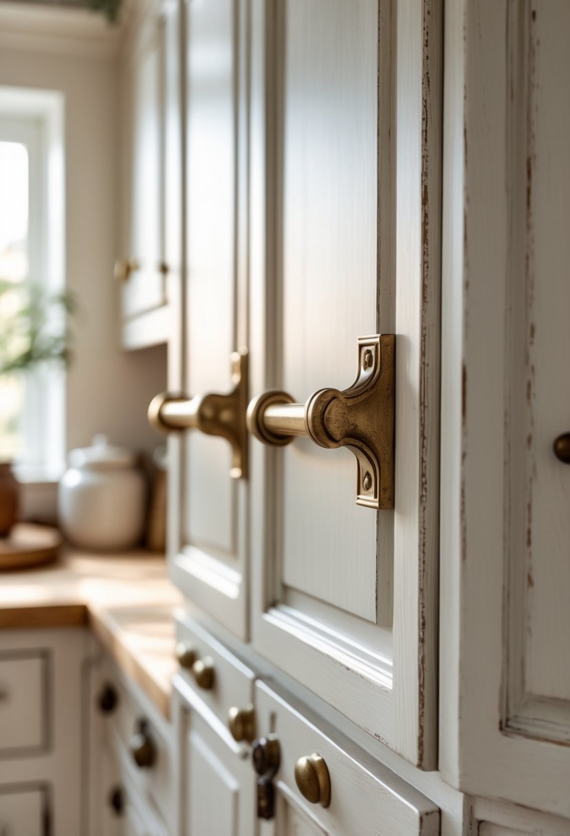 Close-up of vintage brass cabinet handles on wooden kitchen cabinets in a farmhouse kitchen.