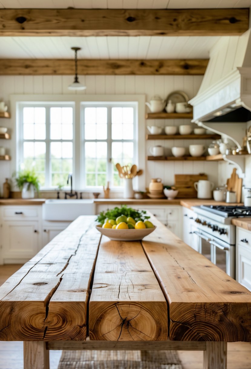 A spacious kitchen with multiple wooden countertops and white cabinets, bathed in natural light.