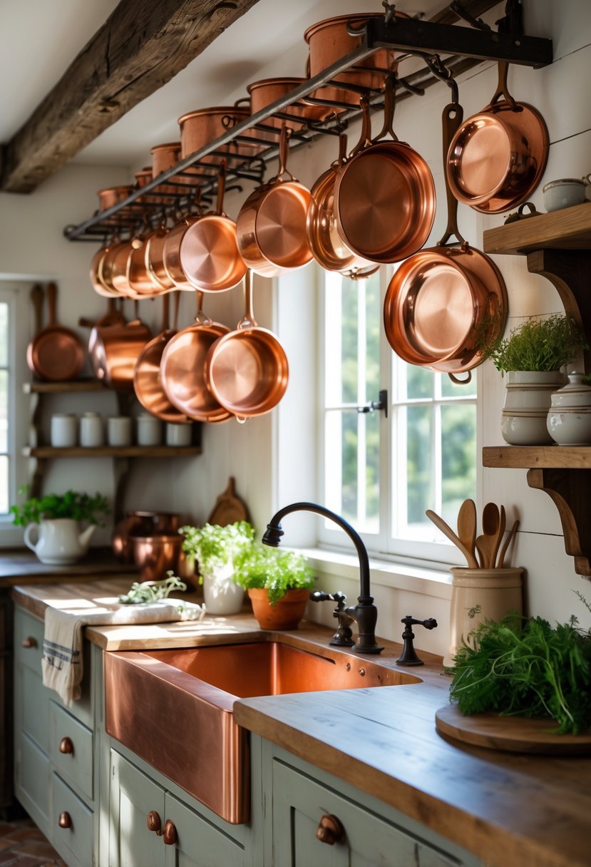 A kitchen with wall-mounted racks holding copper pans and rustic farmhouse decor.