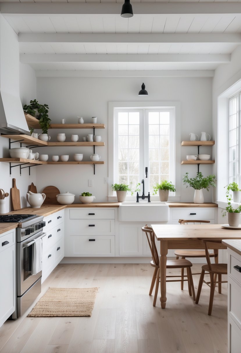 A bright kitchen with white cabinets, wooden shelves, a wooden dining table, and green plants near large windows.