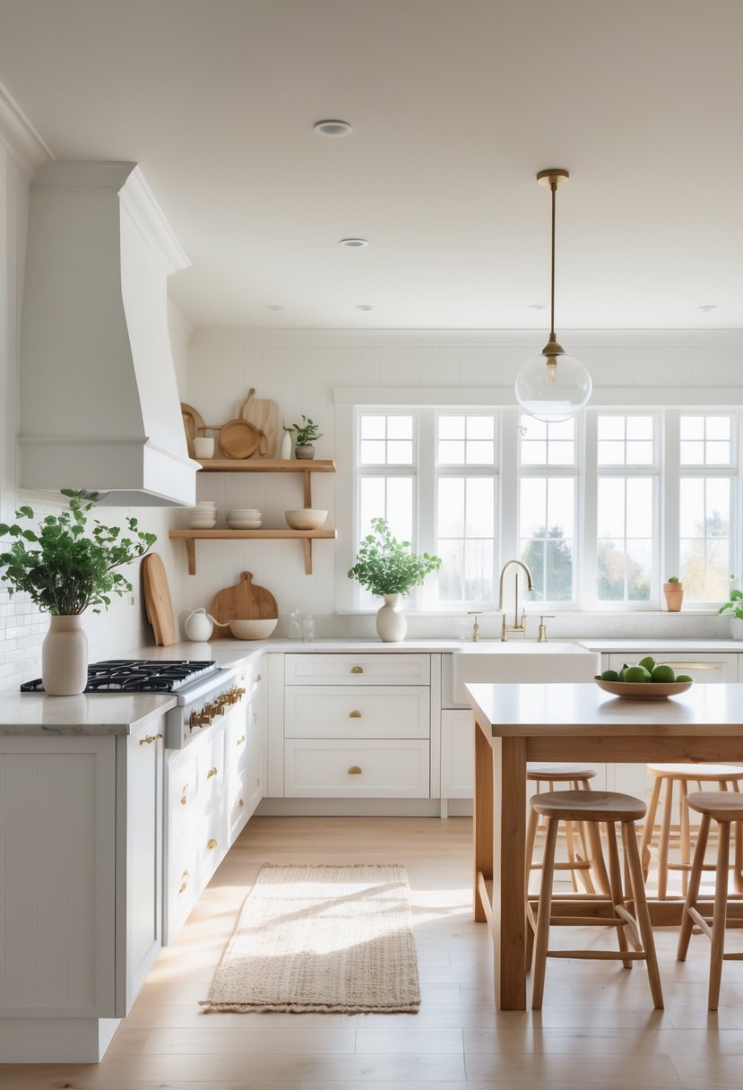 A bright kitchen with white cabinets, wooden countertops, stainless steel appliances, and natural light coming through large windows.