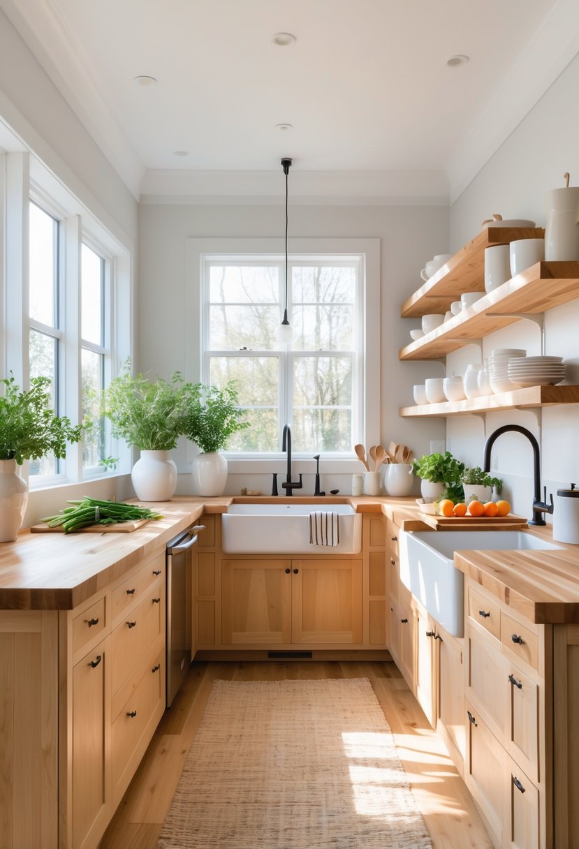 A bright kitchen with wooden countertops, light wood cabinets, stainless steel appliances, and natural light coming through large windows.