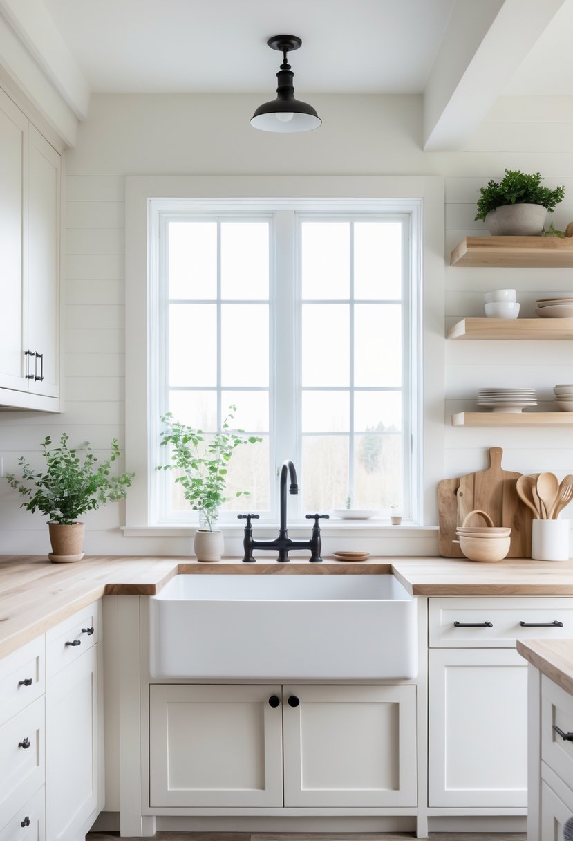 A kitchen with a large white farmhouse sink under a window, light wood countertops and cabinets, and a small potted plant on the windowsill.