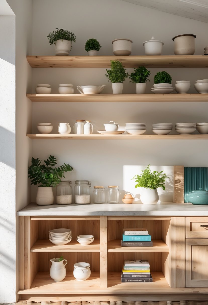 Open kitchen shelves made of natural wood holding dishes, jars, plants, and books in a bright kitchen.