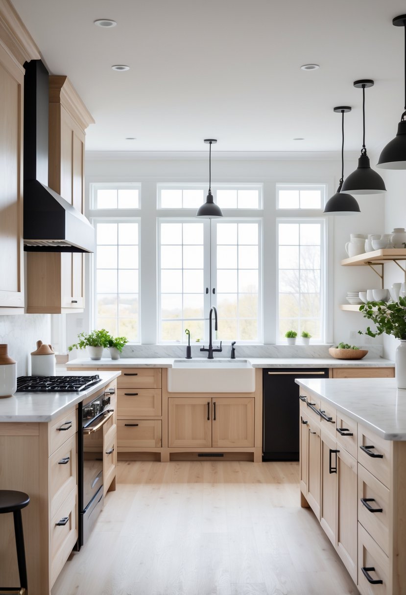 A bright kitchen with light wood cabinets, black matte fixtures, a marble countertop, and large windows letting in natural light.
