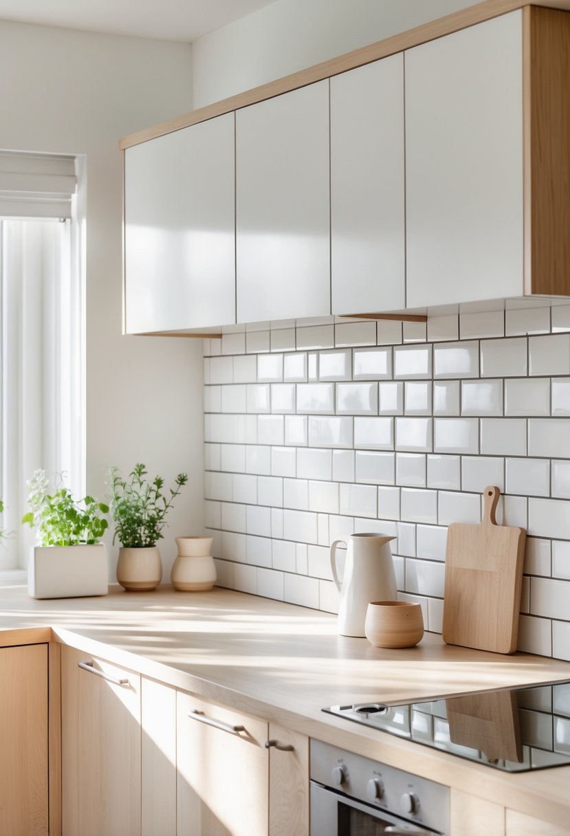 A bright kitchen with white subway tile backsplash, light wooden cabinets, and a clean countertop with kitchen items.