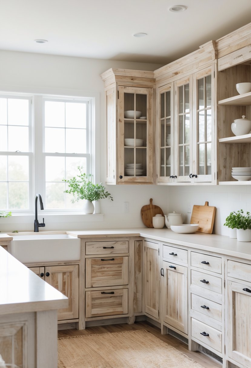A bright kitchen with distressed wood cabinets, light countertops, and natural light coming through large windows.