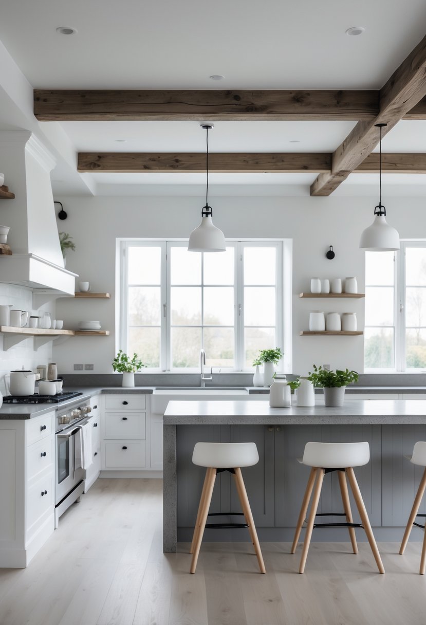A bright kitchen with white cabinets, gray countertops, wooden beams, and a large island with bar stools.