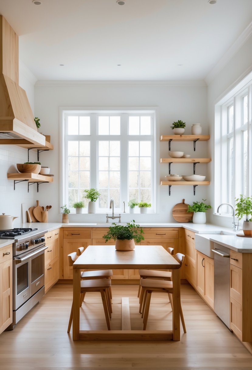 A bright kitchen with wooden cabinets, a wooden dining table, stainless steel appliances, and large windows letting in natural light.