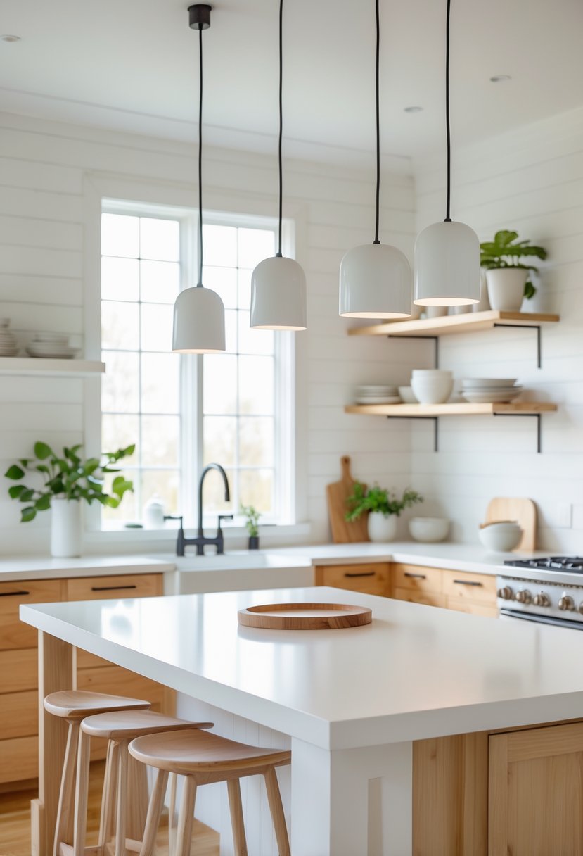 A bright kitchen with pendant lights hanging above a kitchen island, natural wood cabinets, and a dining table in the background.