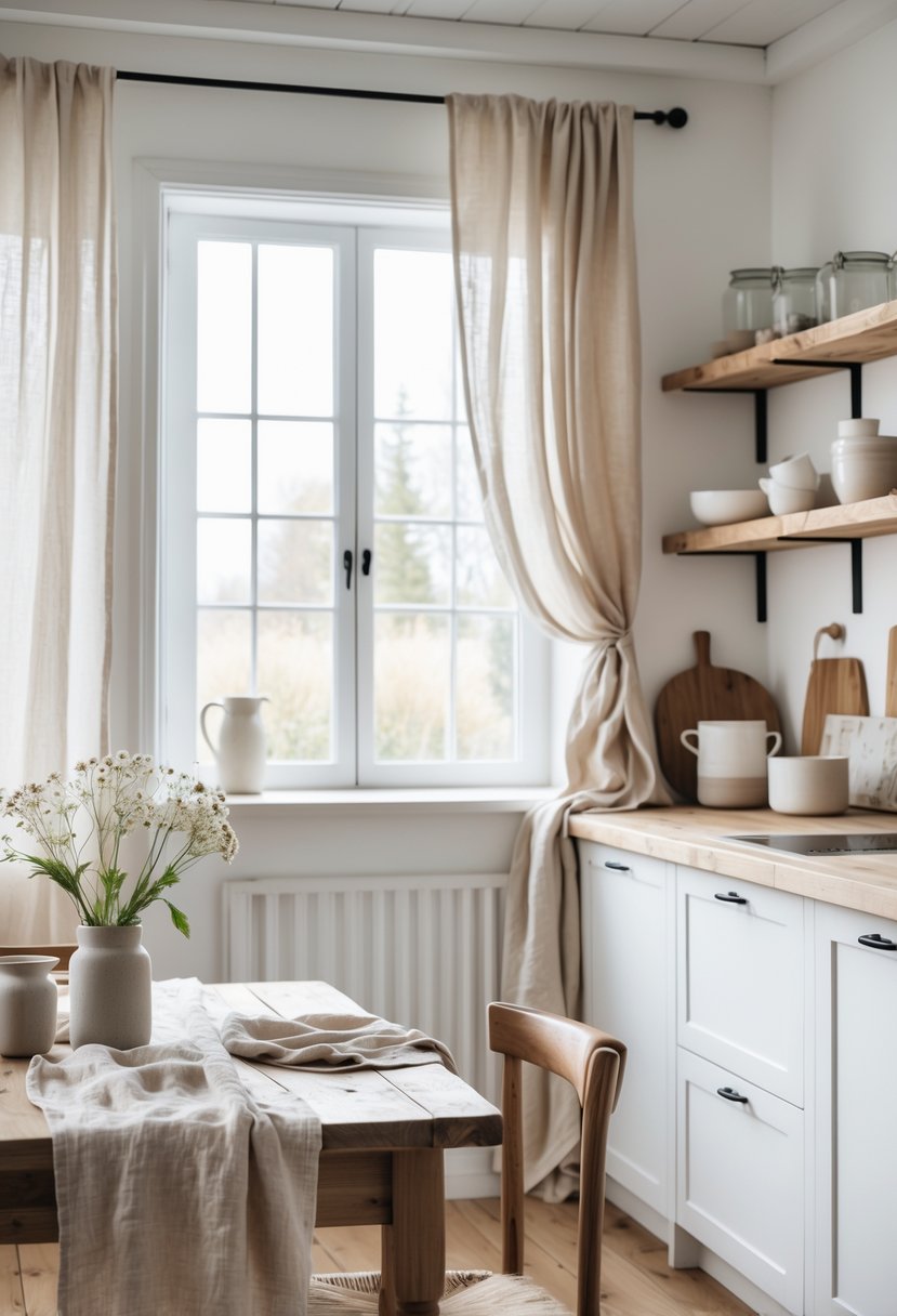 A bright kitchen with linen curtains, wooden countertops, and a wooden dining table set with linen napkins and a vase of flowers.