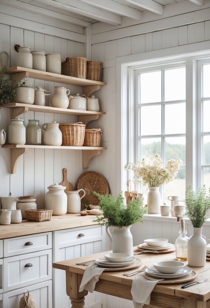 A bright kitchen with wooden cabinets, open shelves displaying ceramic jars, woven baskets, and glass bottles, with a wooden table set with dishware and potted herbs.