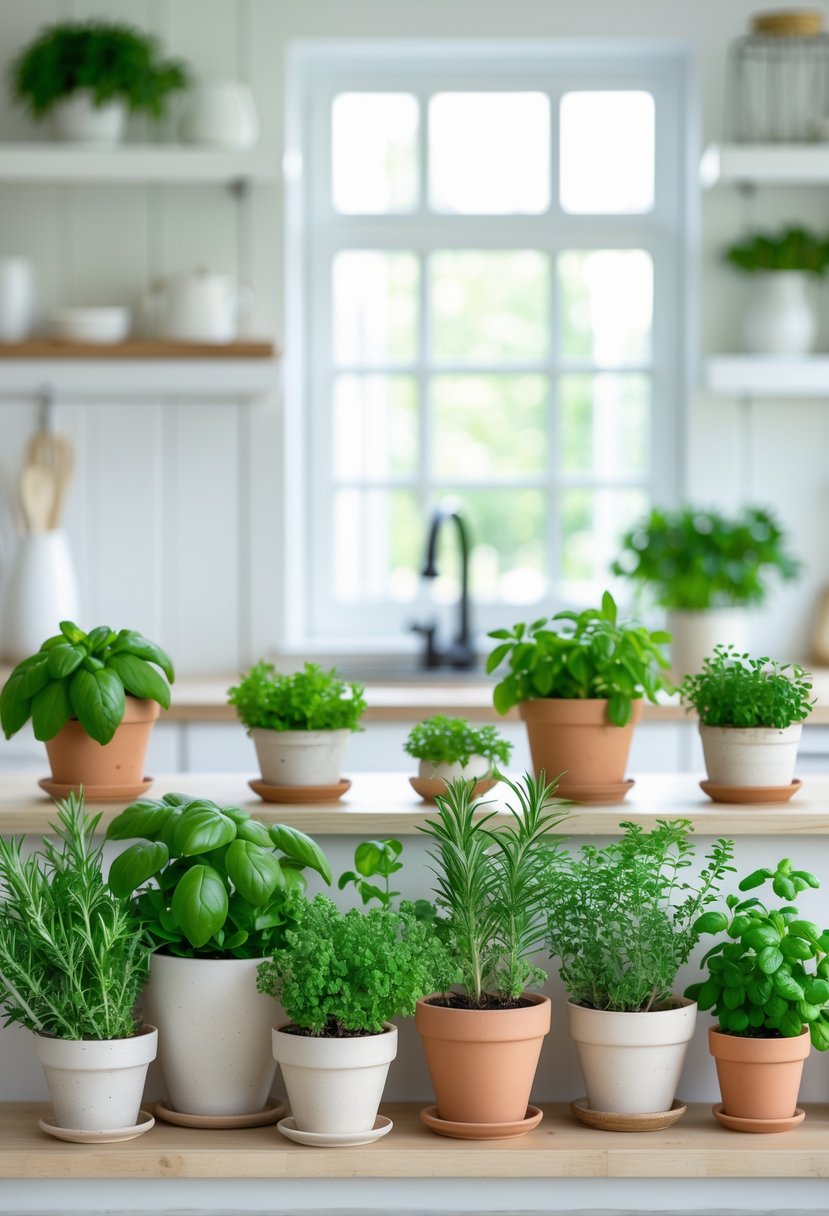 Several small pots of fresh green herbs arranged on a kitchen countertop with white cabinets and natural light in the background.