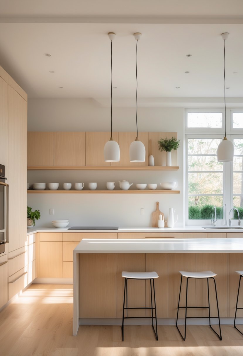 A bright and spacious kitchen with light wood cabinets, a large island with bar stools, and natural light coming through windows.