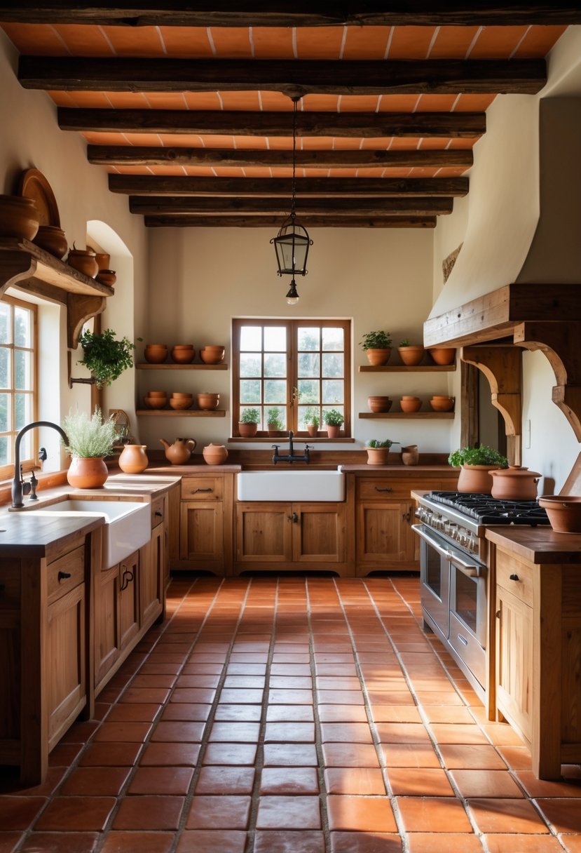 A spacious kitchen with terracotta tile flooring, wooden cabinets, a farmhouse sink, and a large wooden dining table.