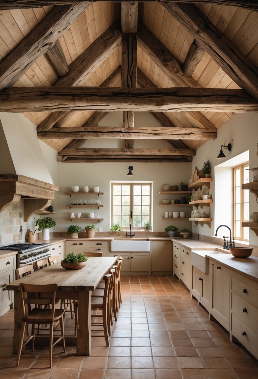 A kitchen with exposed wooden ceiling beams, a large wooden dining table, and natural light coming through windows.