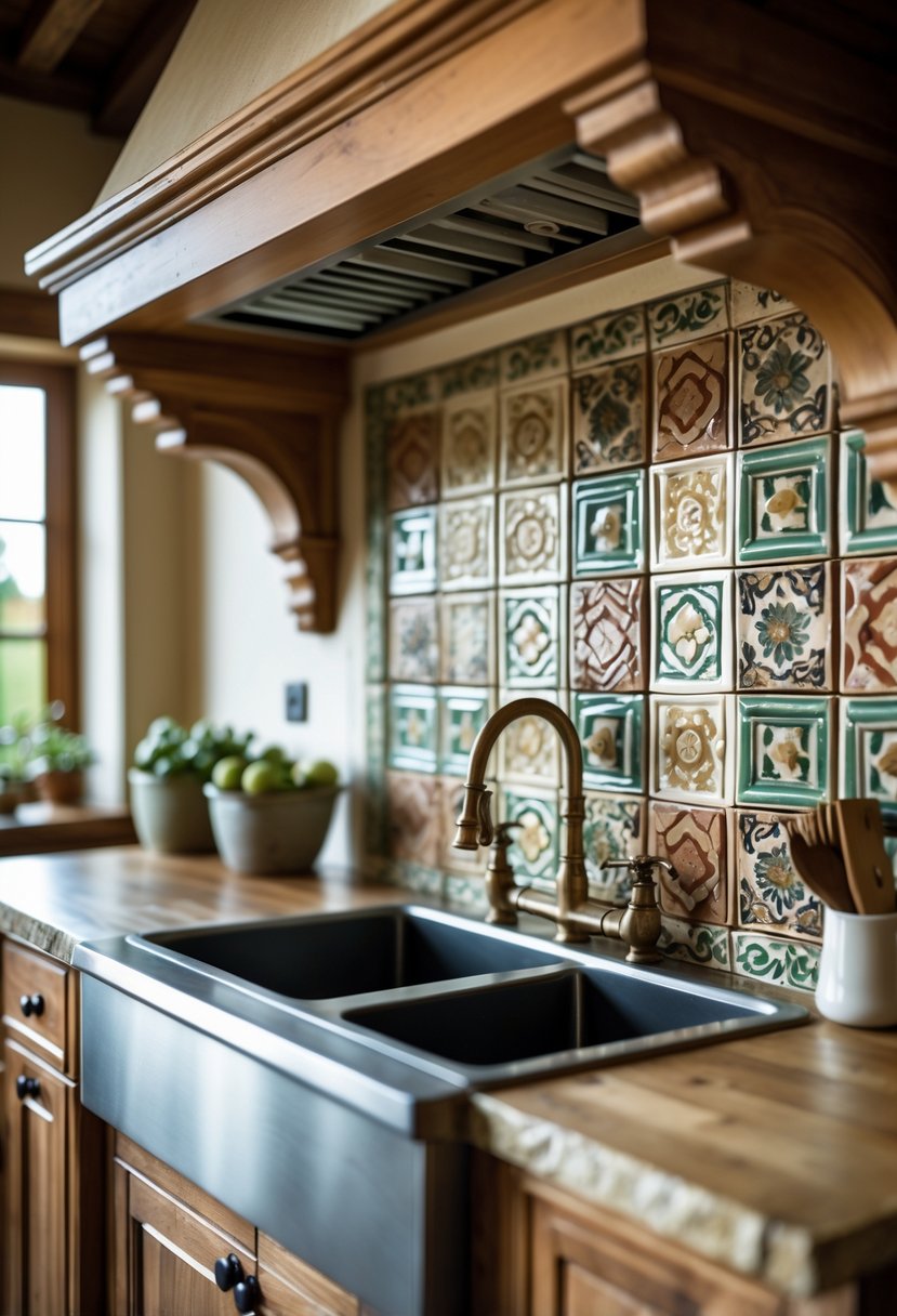 Close-up of ceramic backsplash tiles in a kitchen with wooden cabinets and a farmhouse sink.