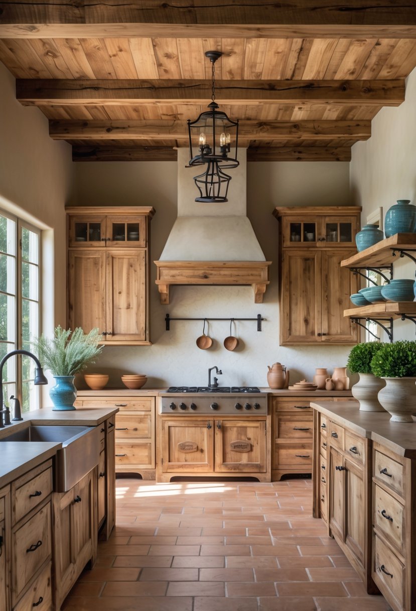 A spacious kitchen with wooden cabinets, a large island, wooden beams, and natural light coming through windows.