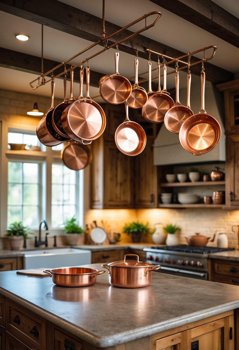 A farmhouse kitchen with copper pots hanging from ceiling racks and cookware displayed on shelves.