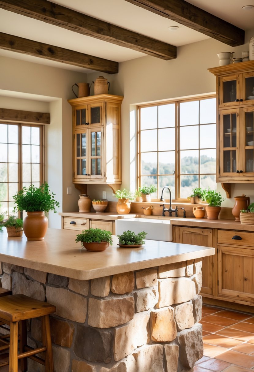 A bright kitchen with stone countertops in warm earth tones, wooden cabinets, and natural light coming through large windows.