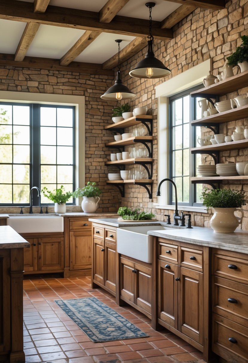 A spacious kitchen with brick and stone walls, wooden cabinets, a large island, and natural light coming through windows.