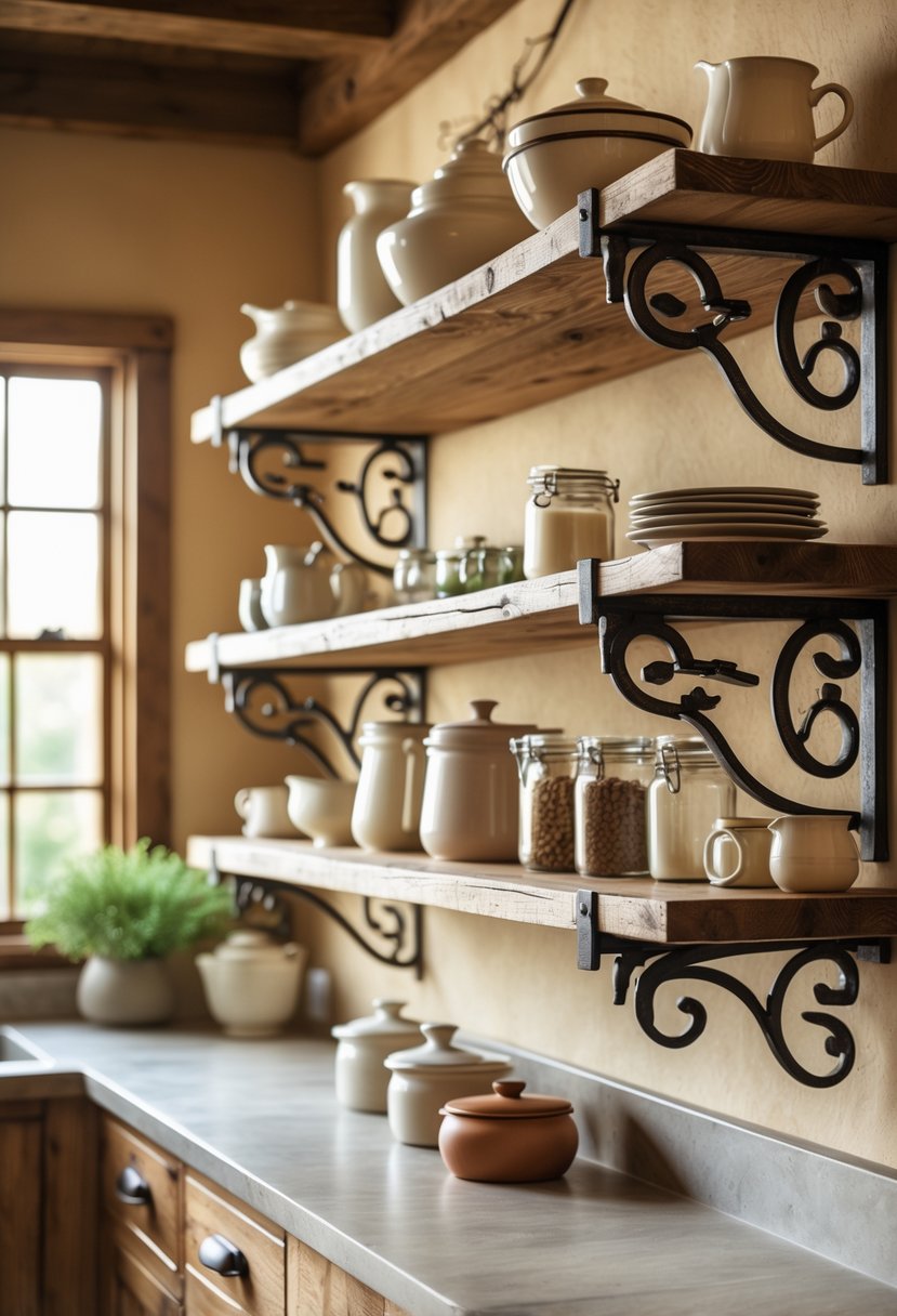 Open kitchen shelves with wooden planks and dark metal brackets holding dishes and jars in a cozy kitchen setting.
