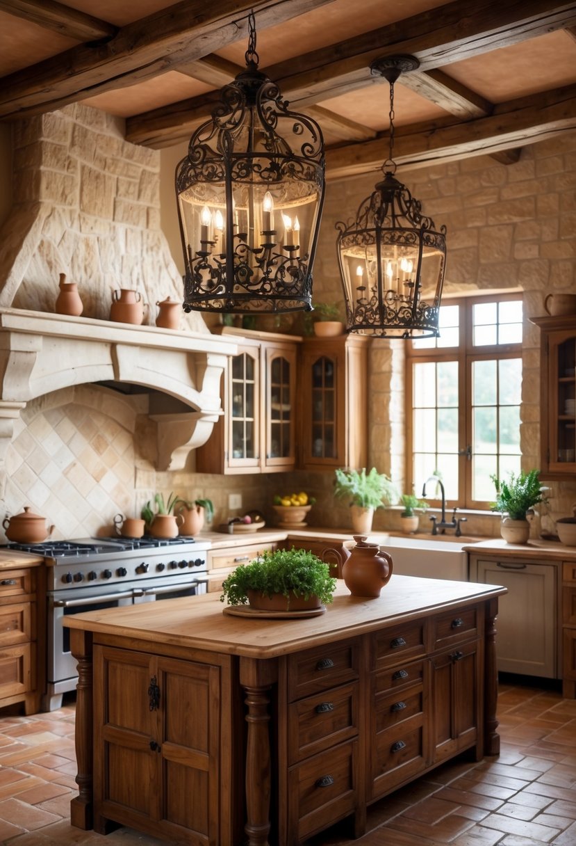 A warm farmhouse kitchen with wooden cabinets, terracotta floors, and wrought iron light fixtures hanging from the ceiling.