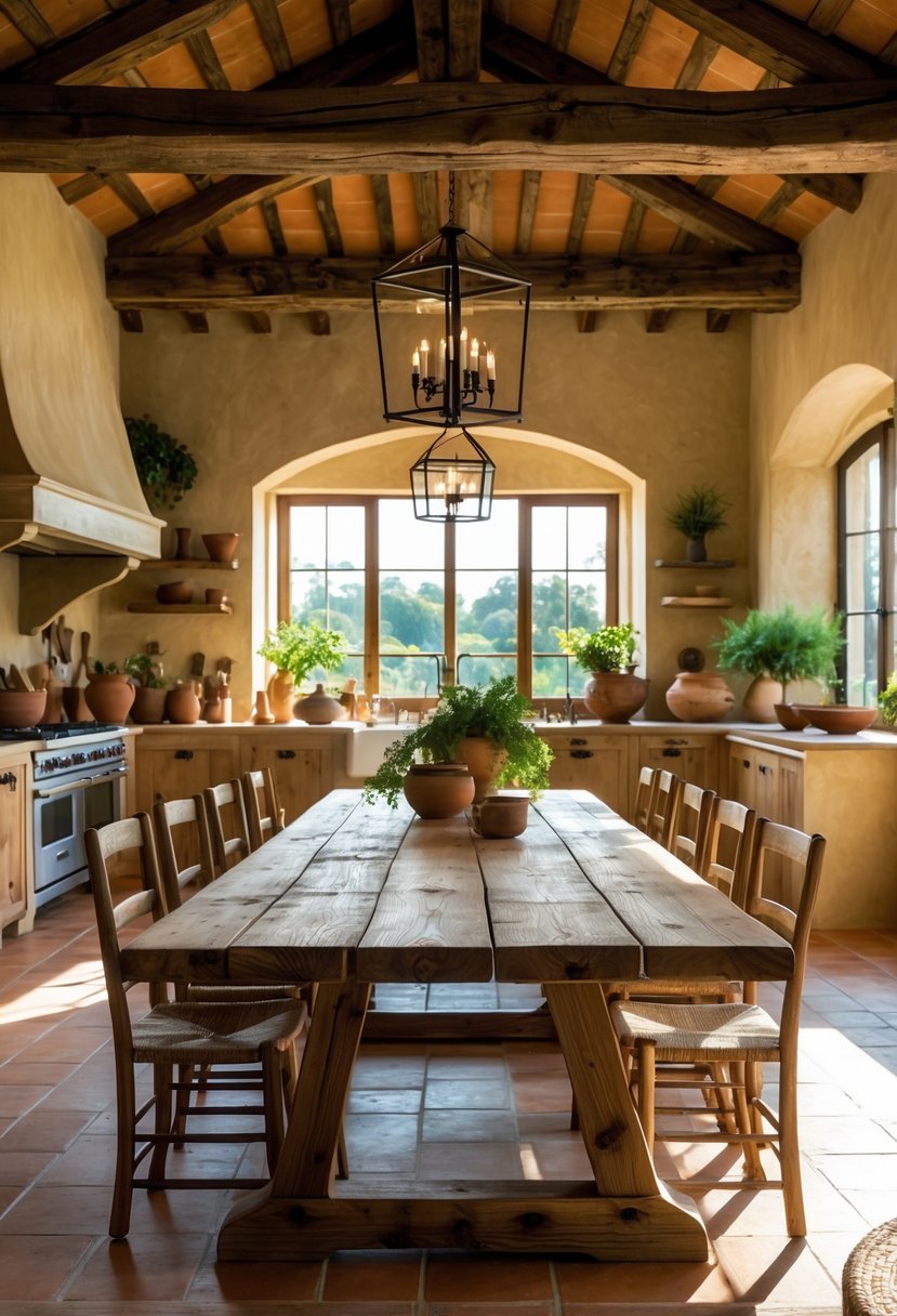 A large wooden dining table in a spacious kitchen with wooden beams and terracotta floors.