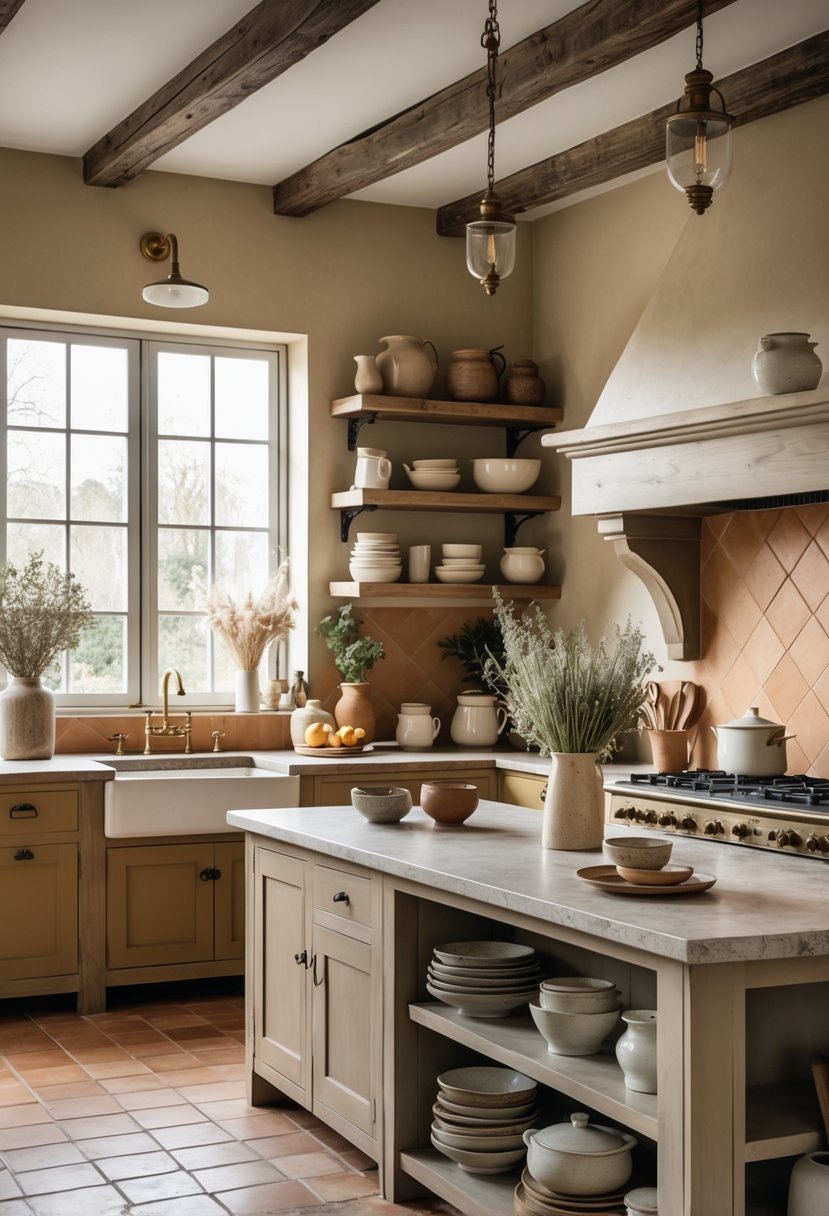 A bright kitchen with wooden cabinets, a central island, stone countertops, and plants on shelves.