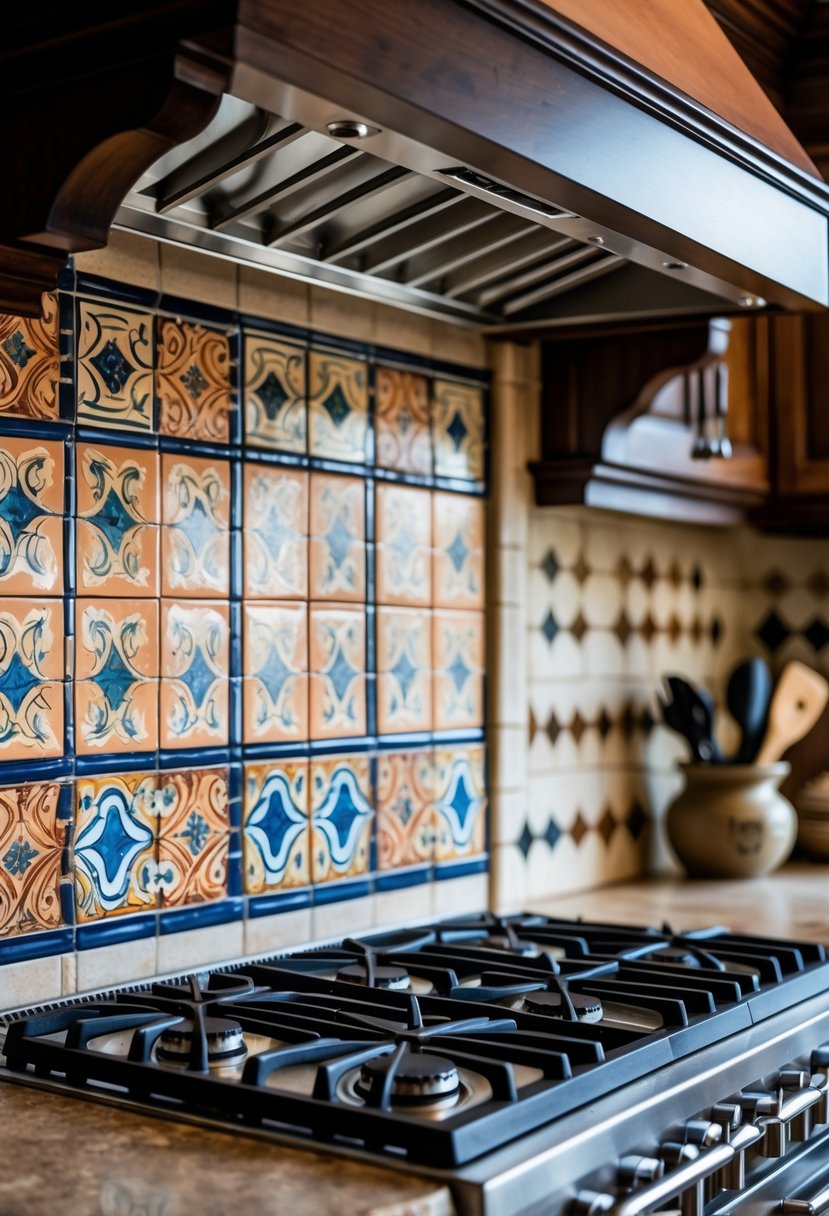 Close-up of a kitchen cooktop surrounded by decorative hand-painted tiles with colorful patterns.