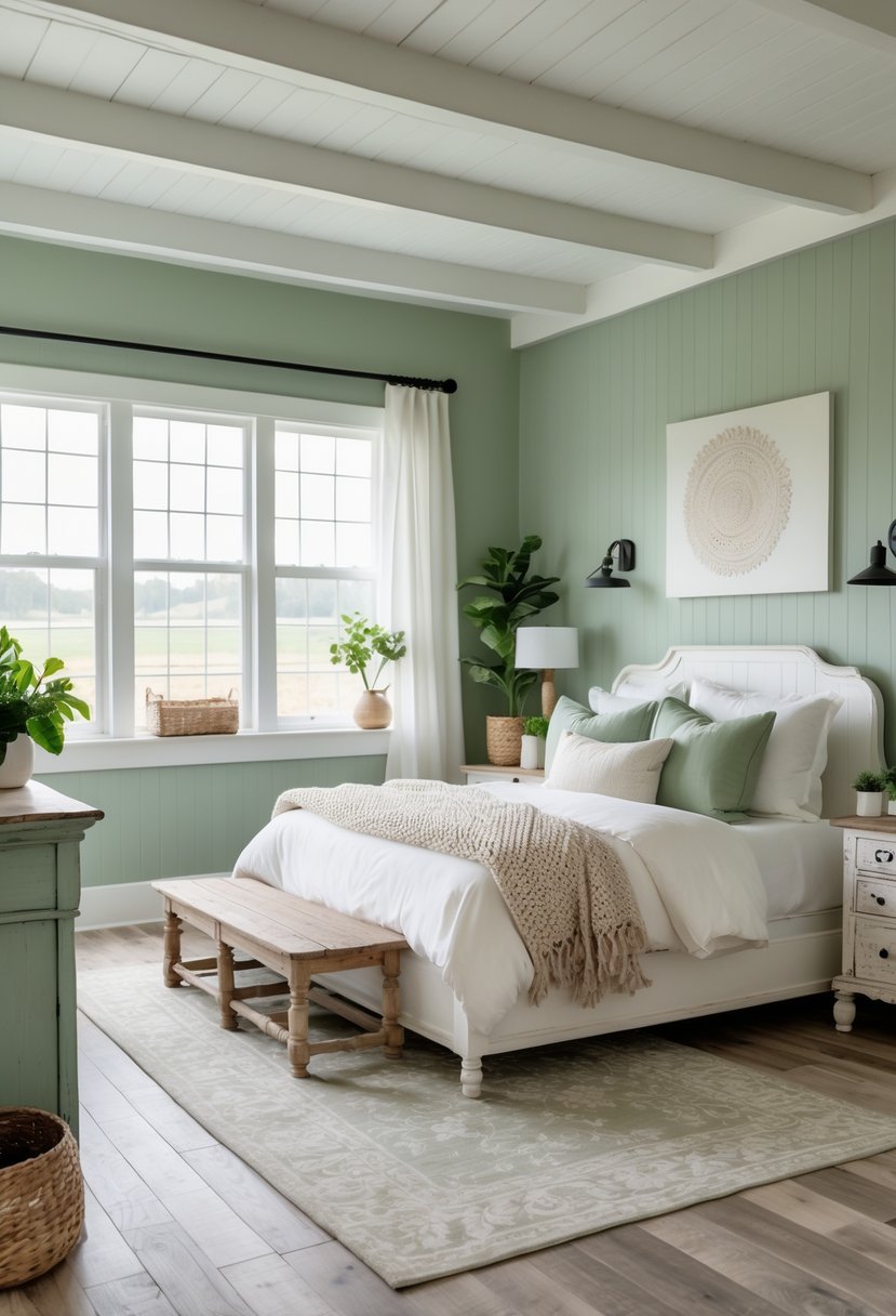 A farmhouse bedroom with sage green walls, a large bed with white and beige linens, wooden furniture, and natural light coming through windows.