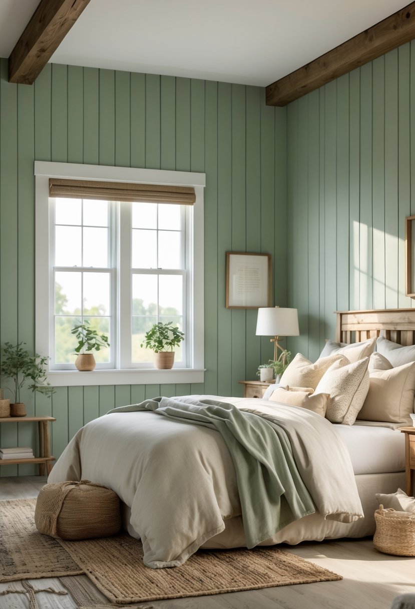 A bedroom with sage green painted wooden walls, a bed with neutral linens, and natural light coming through a window.