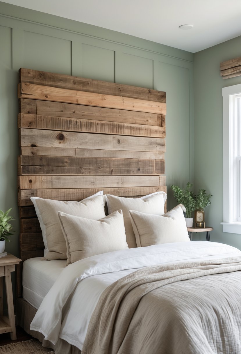 A bedroom with a wooden headboard against a green wall, a neatly made bed, and soft natural lighting.