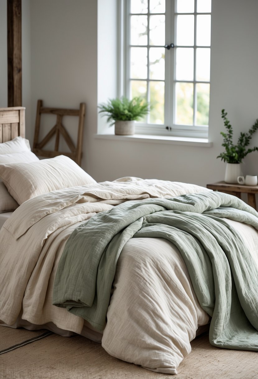 A bedroom with neatly layered linen bedding in neutral colors and sage green accents, featuring wooden furniture and natural light.