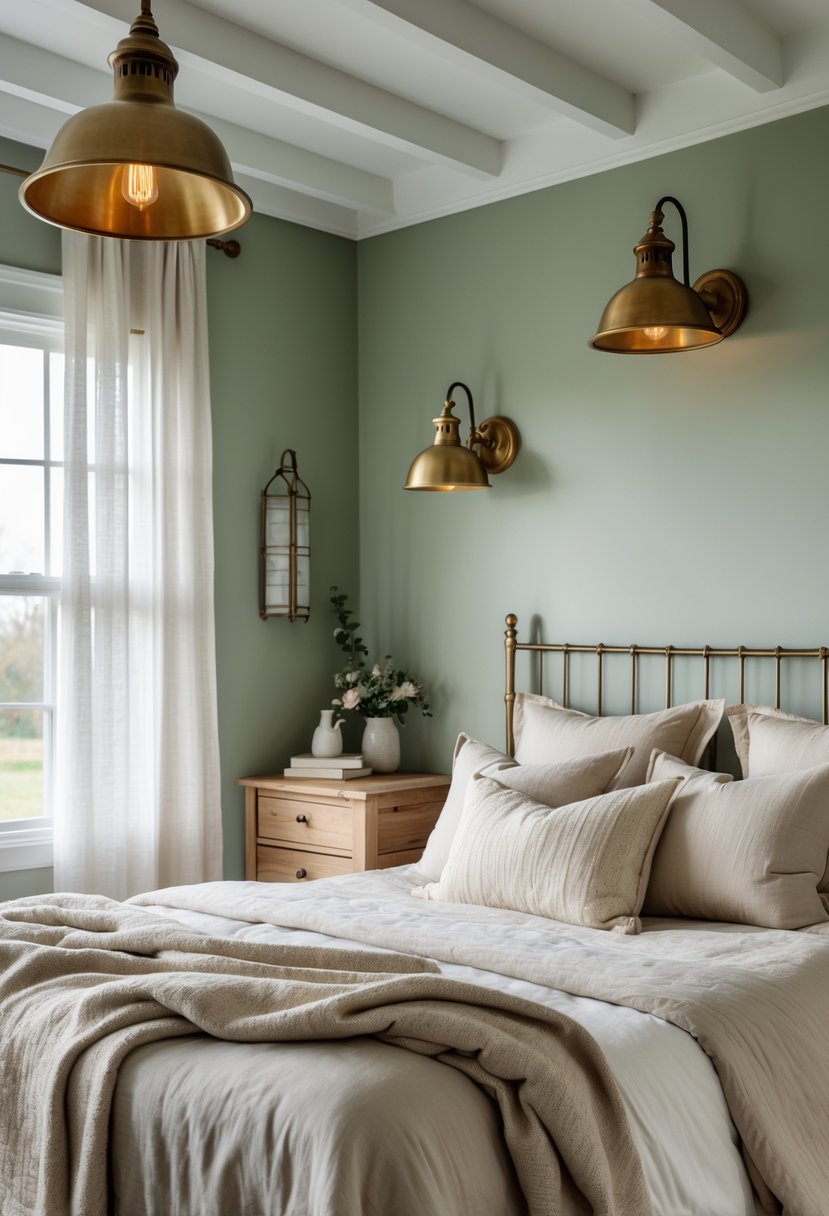 A bedroom with sage green walls, brass light fixtures, a bed with neutral linens, and wooden furniture.
