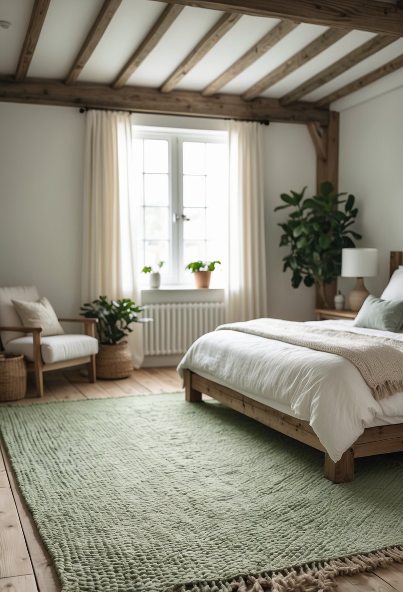 A bedroom with a woven green area rug on the wooden floor, a bed with white linens, wooden furniture, and natural light coming through a window.