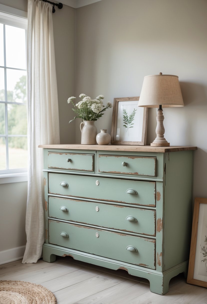 A sage green distressed wooden dresser in a bedroom with natural light, wooden floor, and simple decorative items on top.