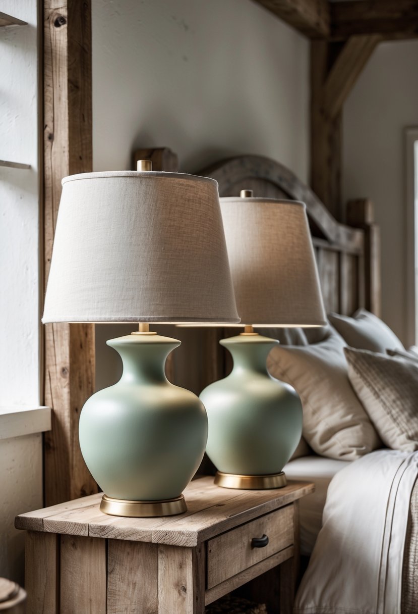 A bedroom with two ceramic bedside lamps on wooden nightstands next to a bed.