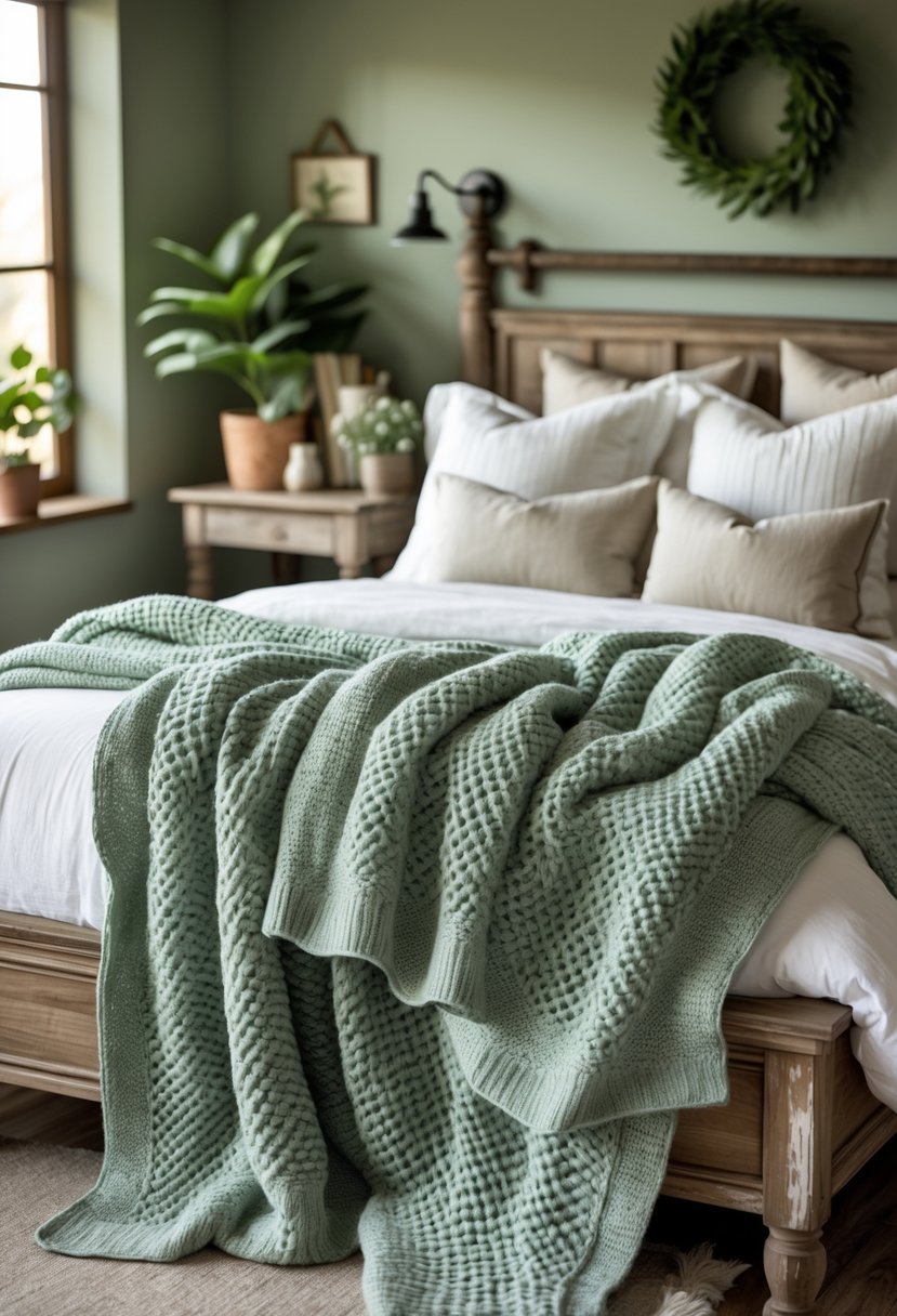 A farmhouse bedroom with a wooden bed covered by sage green knit throw blankets and white bedding.