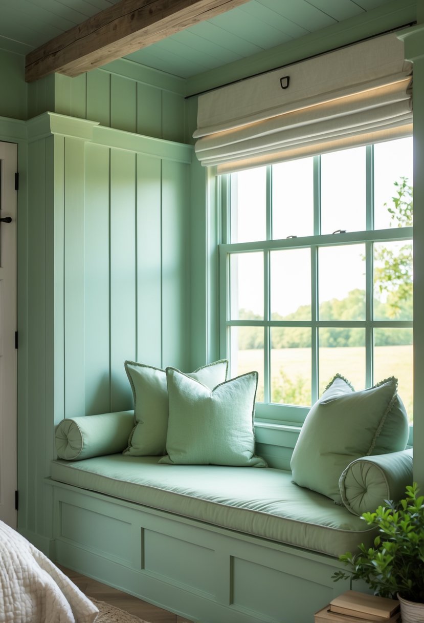 Cozy window seat with sage green cushions in a farmhouse bedroom bathed in natural light.