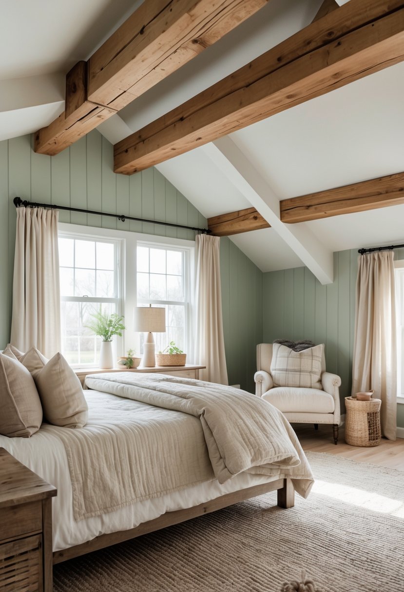 A bedroom with a wooden ceiling beam and sage green walls, featuring a bed and natural light.
