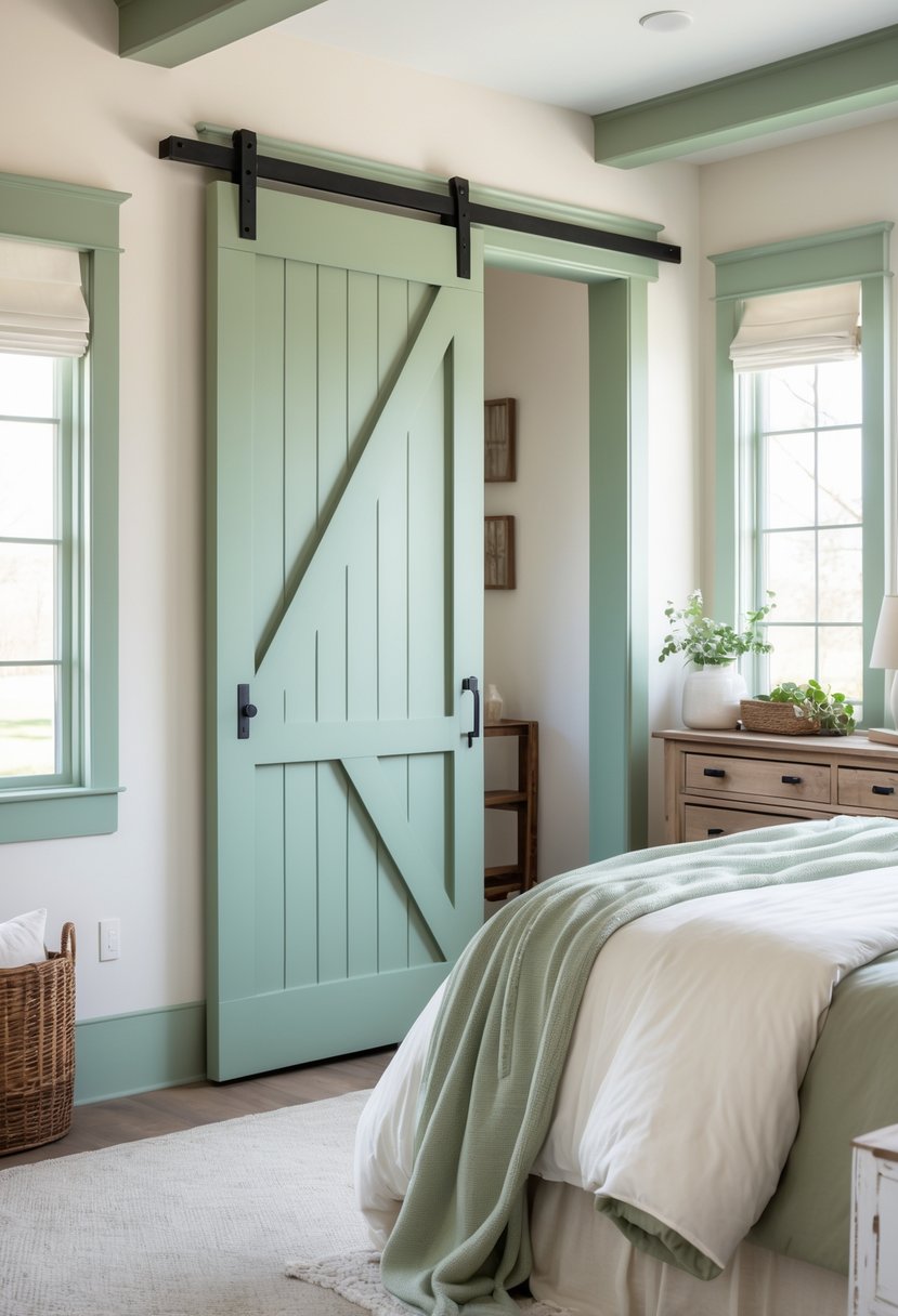 A bedroom with a sliding barn door closet painted sage green and matching green trim, featuring a neatly made bed and natural light.