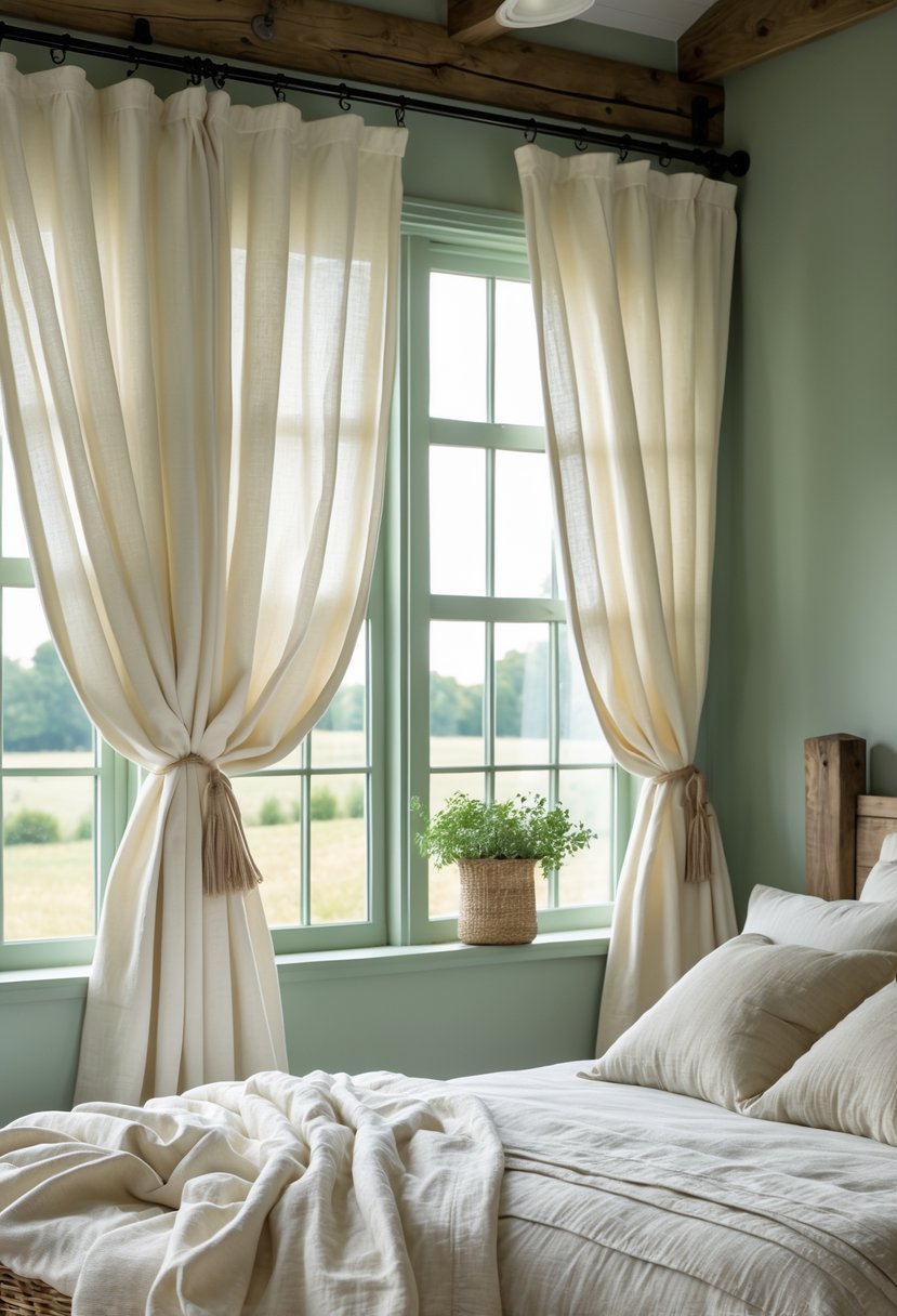A bedroom with off-white curtains hanging over windows and sage green walls, showing a cozy bed and wooden furniture.
