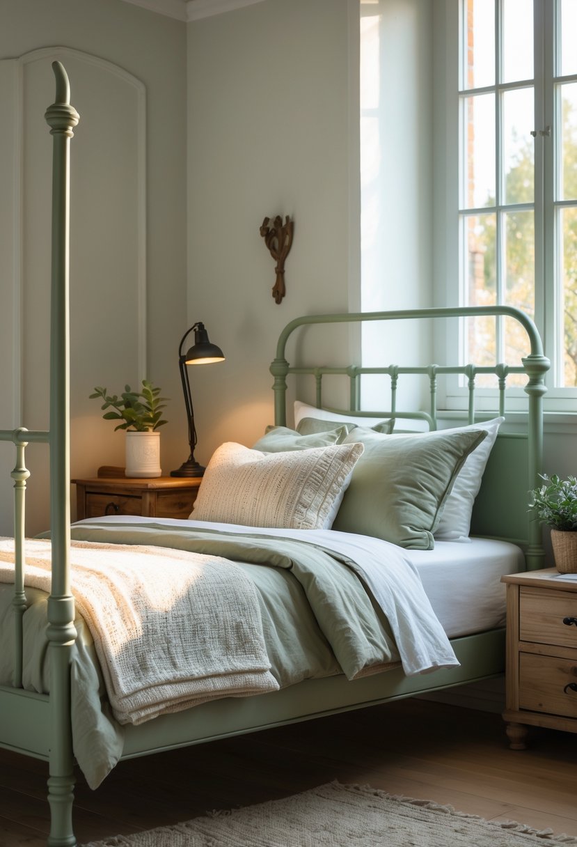 A bedroom with a green iron bed frame, neatly made bed, wooden floor, and a nightstand with a plant and lamp.