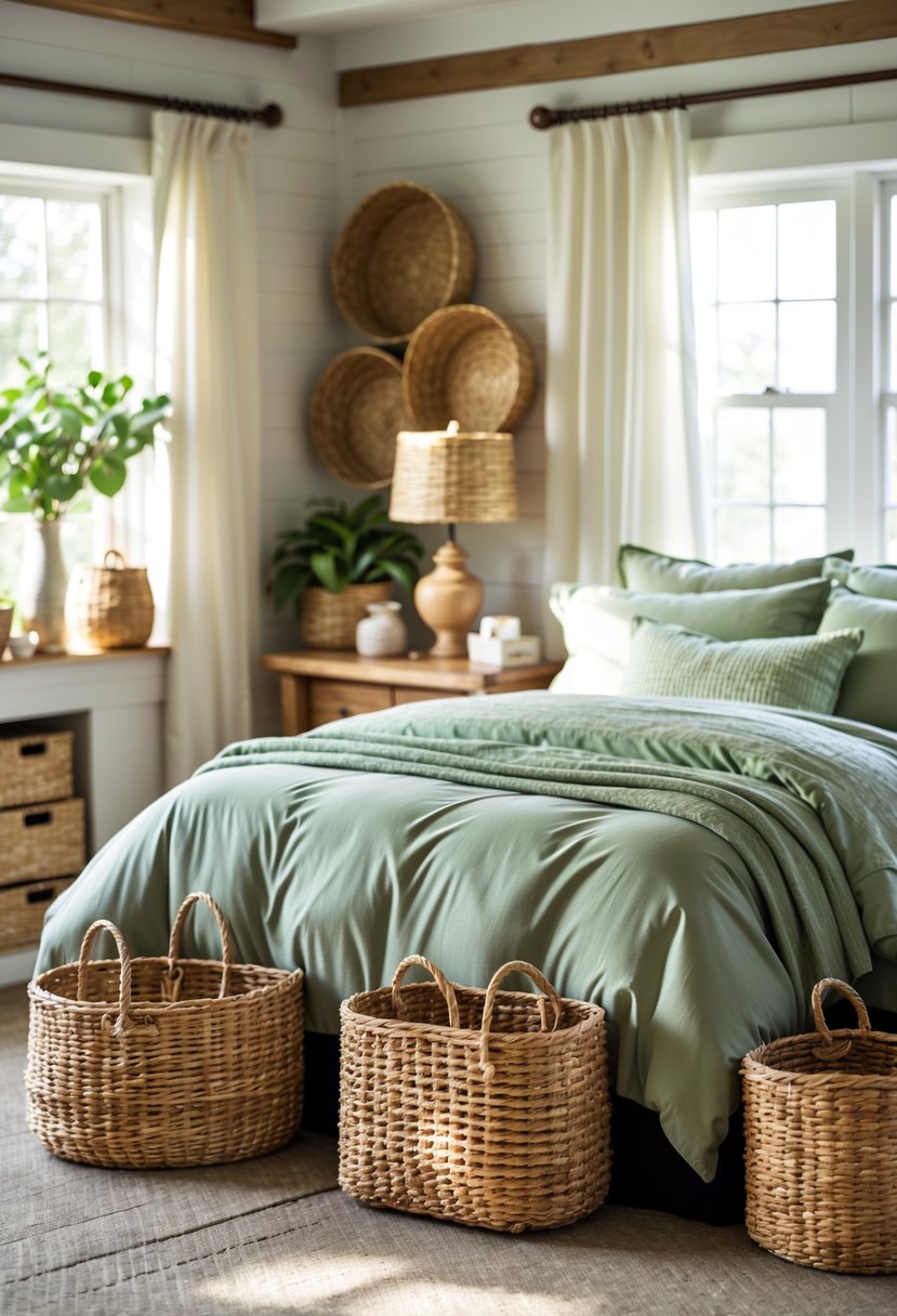 A bedroom with sage green bedding and natural fiber baskets used for storage placed around the room.
