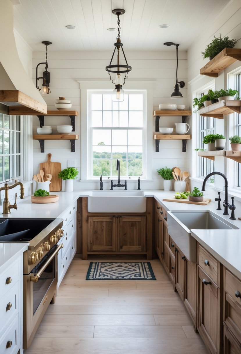 A bright kitchen displaying thirteen different farmhouse kitchen sinks made of various materials and designs, set within cabinetry and countertops.