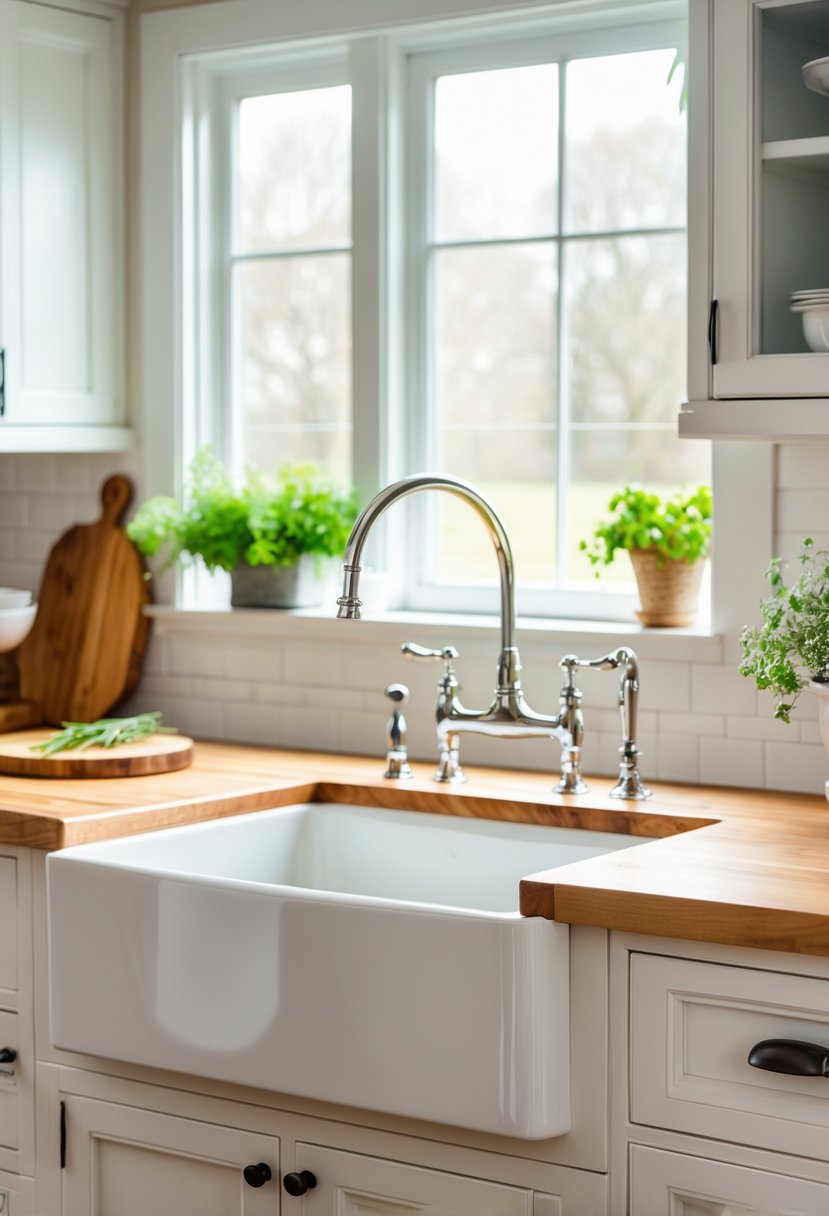 A white apron front kitchen sink installed in a farmhouse kitchen with wooden countertops and white cabinets, illuminated by natural light.