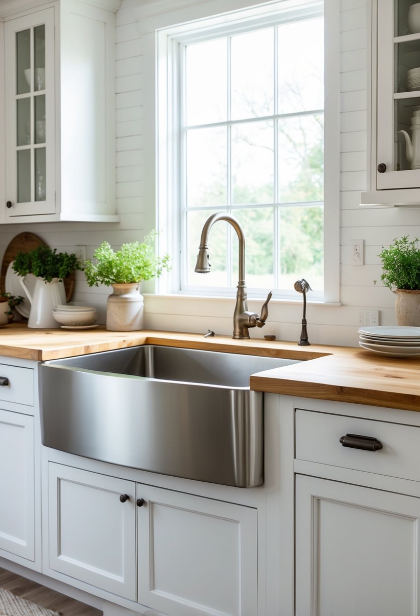 A stainless steel single bowl farmhouse sink installed in a bright kitchen with white cabinets, wooden countertops, and a window above the sink.
