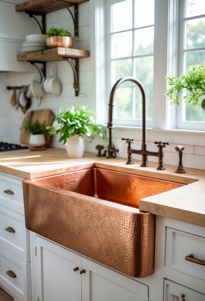 A large copper farmhouse kitchen sink with a hammered finish installed in a bright kitchen with wooden countertops and white cabinets.